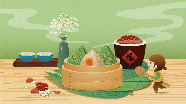 女孩准备吃桌上的粽子