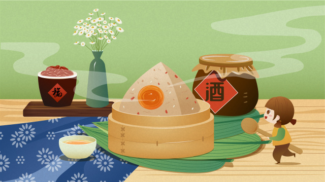 女孩准备吃桌上的大粽子