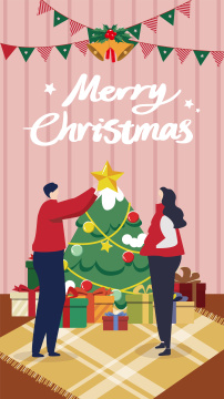 情侣一起装饰圣诞树