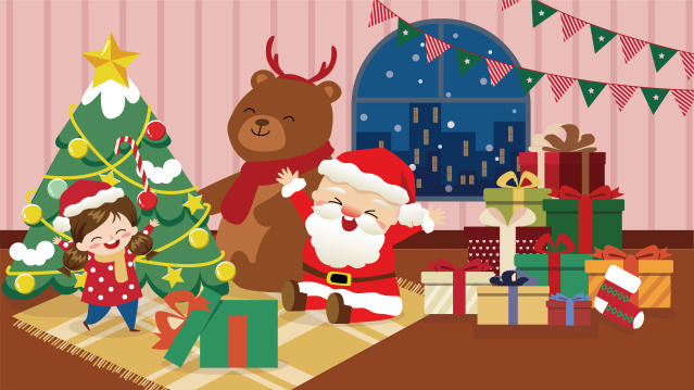 女孩和圣诞老人拆礼物