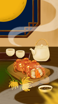 桌子上有茶具和大闸蟹