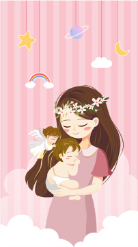 天使亲吻母亲怀抱的婴儿