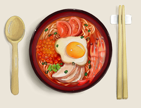 一碗面旁边放了筷子和勺子