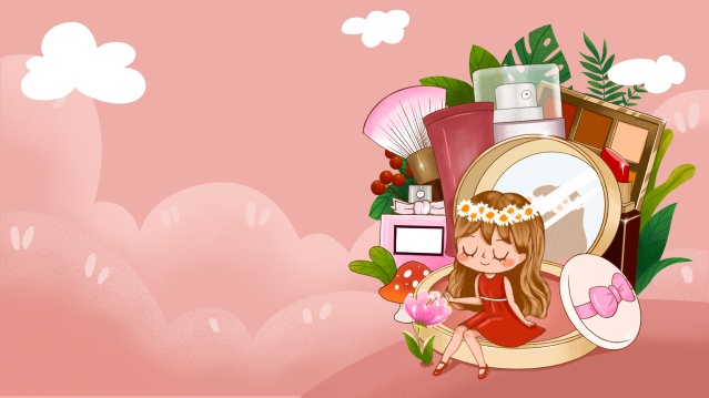 女孩坐在化妆品上