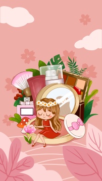 女孩坐在化妆品上