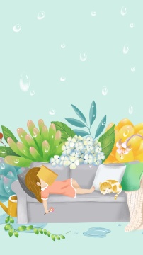 女孩趟沙发看书睡觉后面长满植物