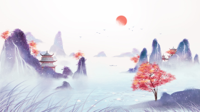 秋季红叶意境水墨山水画