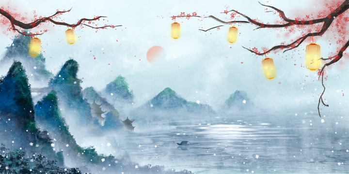 喜庆梅花灯笼中国风山水画