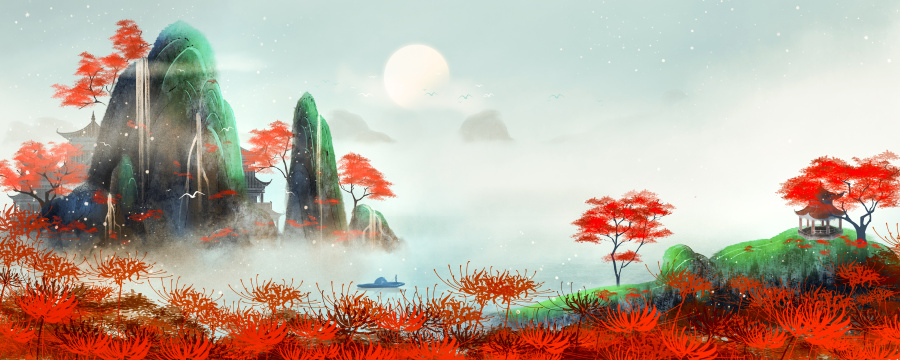 意境水墨山水画之彼岸花开