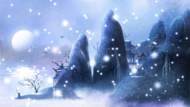 冬季孤寂钓鱼水墨风山水画