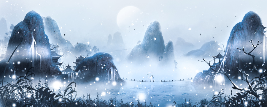 大雪纷飞意境山水画