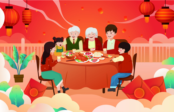 一家人春节团聚吃年夜饭的快乐场景 