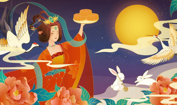 花好月圆夜嫦娥仙女手拿月饼赏中秋