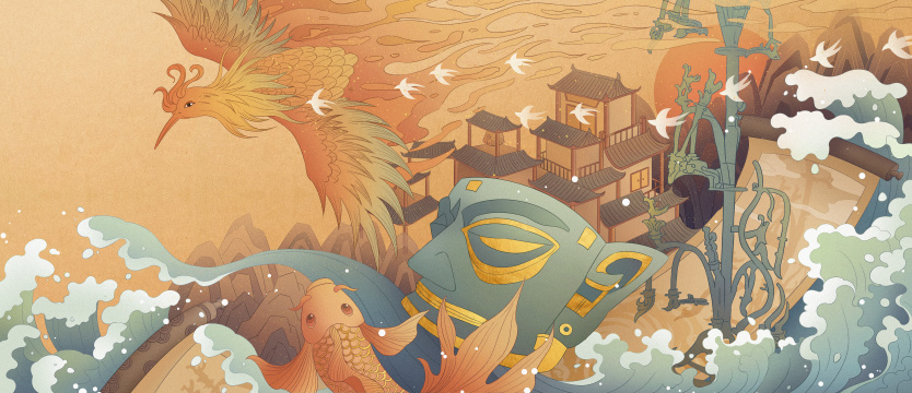 三星堆面具扶桑树凤凰手绘插画