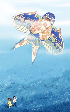 春天情侣在草地上放风筝