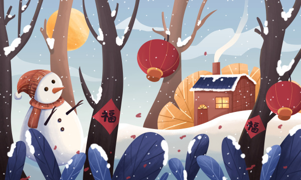 除夕新年快乐雪人灯笼手绘插画