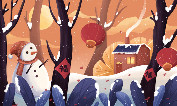 除夕新年快乐雪人灯笼手绘插画