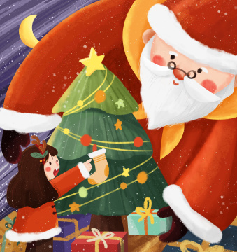 圣诞节老人小孩和树温馨插画