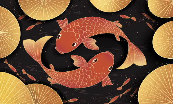 锦鲤鱼群荷叶简洁手绘插画