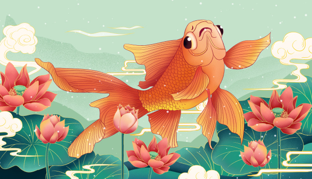 传统中国风荷花锦鲤手绘插画