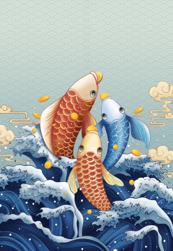 传统中国风锦鲤浪花手绘插画