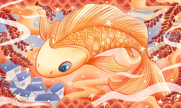 新年快乐喜庆锦鲤鞭炮节日中国风插画