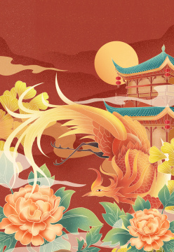 中国风凤凰古建筑手绘插画