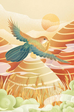 秋季丰收飞鸟中国风手绘插画