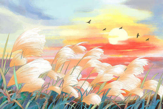 秋天大雁南飞夕阳西下插画