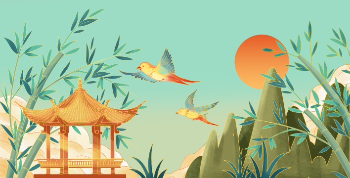 亭子飞鸟竹叶山脉中国风插画