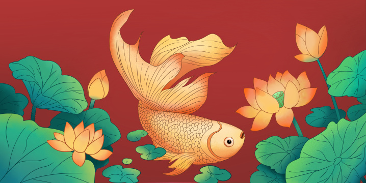 传统中国风荷花锦鲤手绘插画