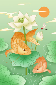 传统中国风荷花锦鲤手绘插画