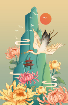 重阳节中国风丹顶鹤菊花手绘插画