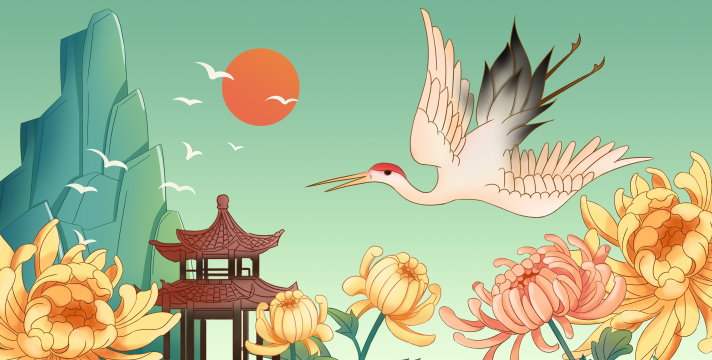 重阳节中国风丹顶鹤菊花手绘插画