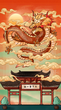 中国风龙盘旋在古建筑上