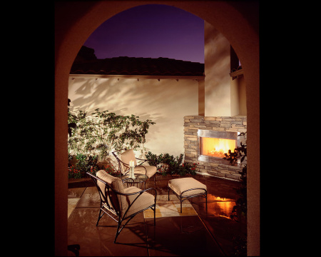 Outdoor room with fireplace and seating