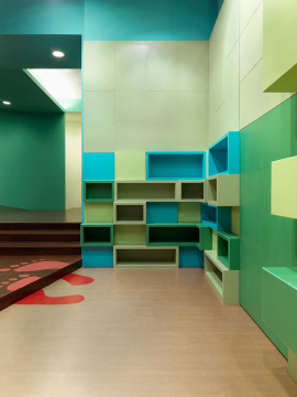 Modern cubbies in corner of kindergarten