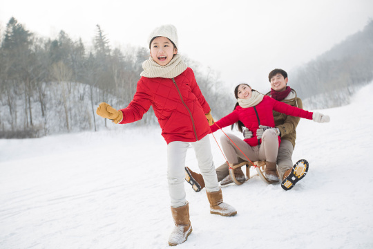 快乐的一家人在雪地上玩雪橇