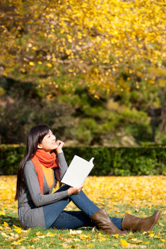 秋日下恬静的年轻女孩读书