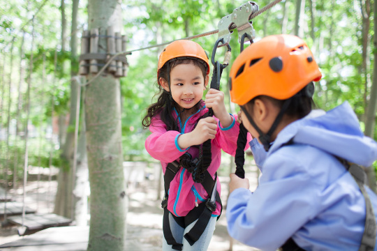 快乐的孩子们挑战树上穿越项目