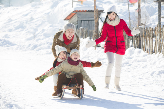 快乐的一家人在雪地上玩雪橇