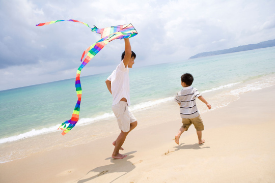 父子在海边放风筝