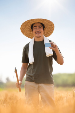 农民在麦田里拿着银行卡