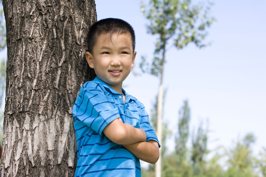 背靠大树的小男孩