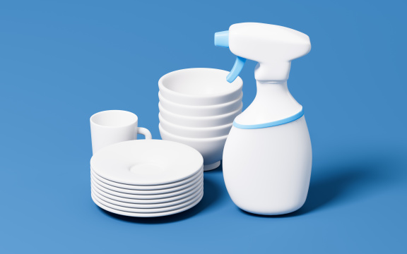 厨房餐具与消毒剂3D渲染
