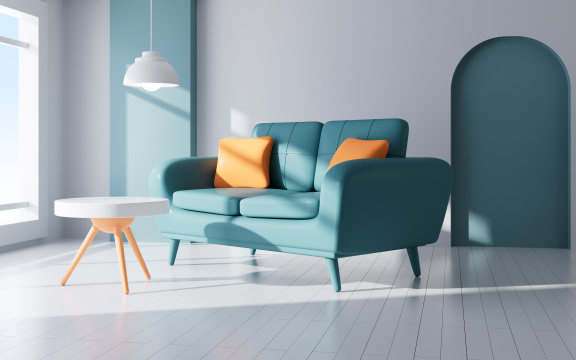 室内几何建筑与沙发背景3D渲染