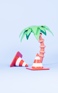 卡通交通锥与大树3D渲染