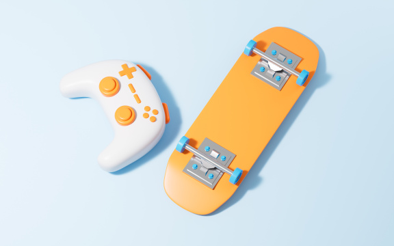 游戏手柄和滑板3D渲染