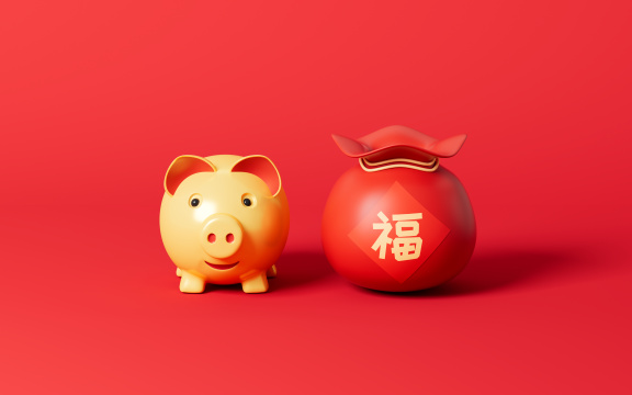春节金猪与福袋3D渲染