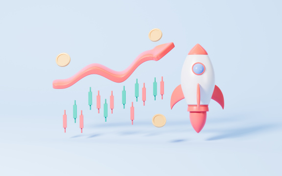 股市上涨与火箭上升3D渲染